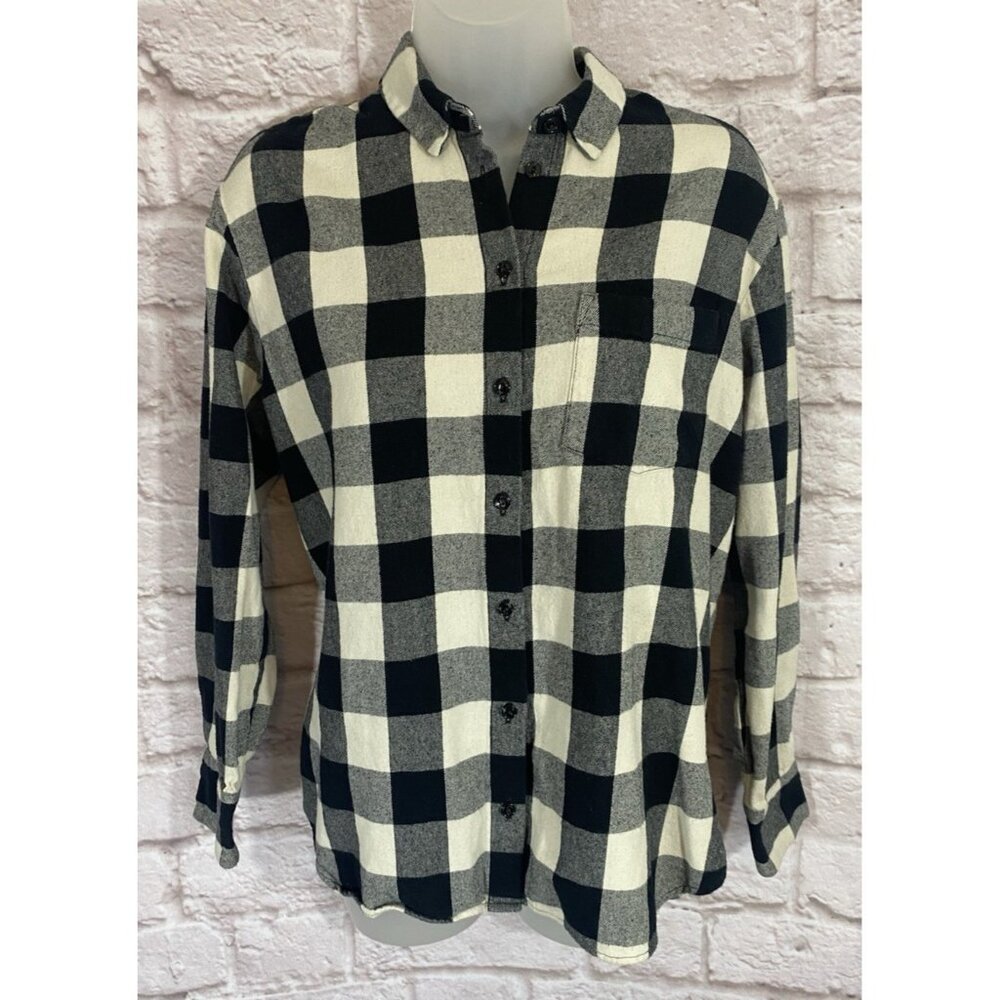 Madewell Womens‎ Small Flannel Shirt Black Ivory Plaid 100% Cotton Button Down